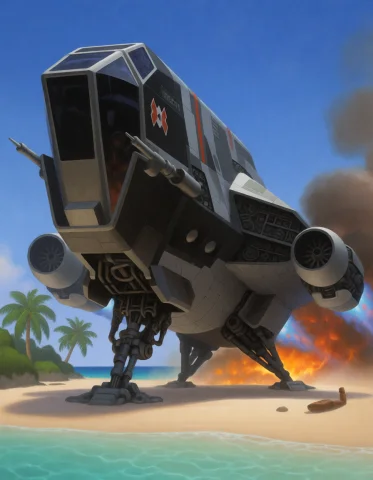 Loradcsci-fikrea2rawgpt4.1captionedtriggerdcs1f1.rank64v11 D... — Stable Diffusion AI Prompt: DCSC1F1. A large dark grey and black space ship landing on a tropical beach, s...