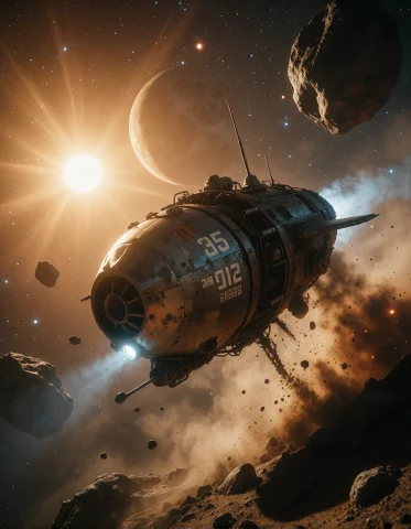 Photorealistic Deep-space Photograph Of A Battered Prospecto... — Stable Diffusion AI Prompt: Photorealistic deep-space photograph of a battered prospector craft hanging befo...