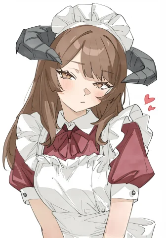 Maid, Animal Horns, Long Brown Hair, Red Ribbon — Stable Diffusion AI Prompt: maid, animal horns, long brown hair, red ribbon