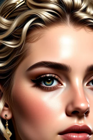 Woman Face Closeup, Soft Romantic Updo, Feathered Brows, Reg... — Stable Diffusion AI Prompt: woman face closeup, Soft romantic updo, Feathered Brows, Regal narrative, Densel...