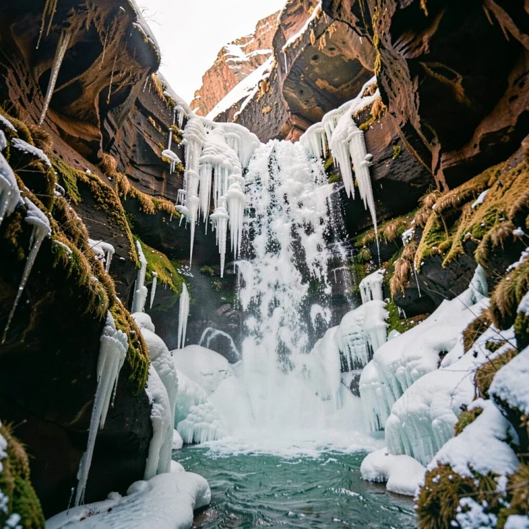 A Frozen Waterfall In A Deep Slot Canyon, Film Photography,...