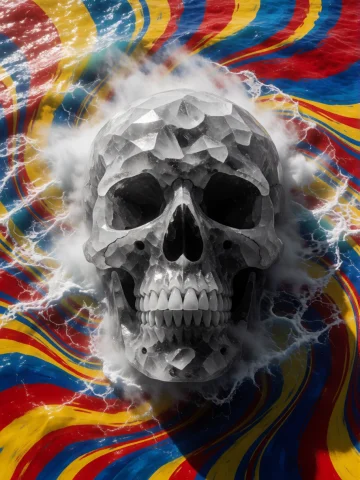 A Colossal, Translucent Geode Skull Hovers Just Above The Ch... — Stable Diffusion AI Prompt: A colossal, translucent geode skull hovers just above the churning surface of th...