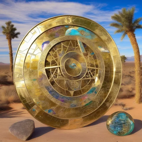 Jthresholdrupture, Polished Brass Astrolabe, Desert Ruins, A... — SDXL AI Prompt: jthreshold_rupture, polished brass astrolabe, desert ruins, ancient stone and br...