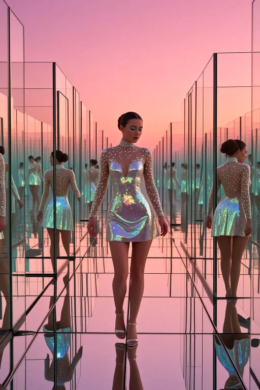 Standing, A Reflective Candy-glass Maze Under A Warm Pink Sk...
