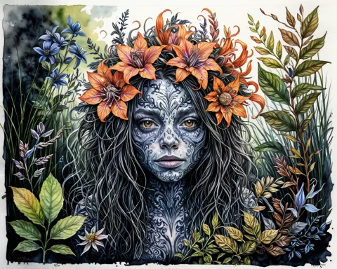 An Ink And Watercolor Portrait Of A Floral Creature In Her N... — SDXL AI Prompt: an ink and watercolor portrait of a floral creature in her natural environment 