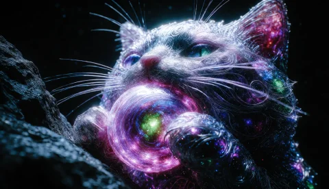A Colossal Translucent Cat The Size Of A Mountain, Made Enti... — Stable Diffusion AI Prompt: A colossal translucent cat the size of a mountain, made entirely of swirling neb...