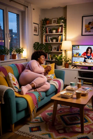 Nylajones, Curled Up Sideways On A Comfortable Sofa In Her C... — Stable Diffusion AI Prompt: nylajones, curled up sideways on a comfortable sofa in her colourful apartment,...
