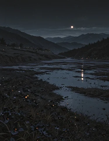 Mountains, Black Flowers, Plains Of Flowers, River, Beautifu... — Stable Diffusion AI Prompt: mountains, black flowers, plains of flowers, river, beautiful night, obscure, da...
