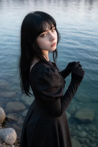 An Adult 22-years-old Woman With Long Straight Black Hair An... — Stable Diffusion AI Prompt: An adult 22-YEARS-OLD woman with long straight black hair and bangs stands besid...