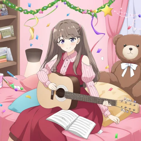 Llmegumi, 1girl, Acoustic Guitar, Shoulder Cutout, Solo, Gui... — Stable Diffusion AI Prompt: llmegumi, 1girl, acoustic guitar, shoulder cutout, solo, guitar, dress, clothing...