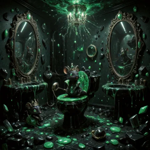 A Hilarious Chaotic Fantasy Scene A Tiny Jade-and-obsidian M... — SDXL AI Prompt: A hilarious chaotic fantasy scene: a tiny jade-and-obsidian mouse king desperate...