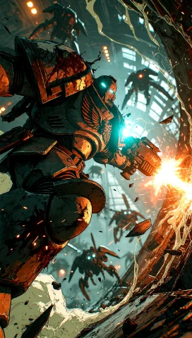 A Highly Dynamic Low-angle Cinematic Frame Of A Heavily Scar... — Stable Diffusion AI Prompt: A highly dynamic low-angle cinematic frame of a heavily scarred power-armored sp...