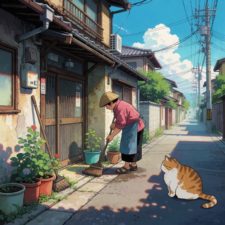 Retro Cel-shaded Manga Art. A Sunlit Street In Japan. Old Wo...