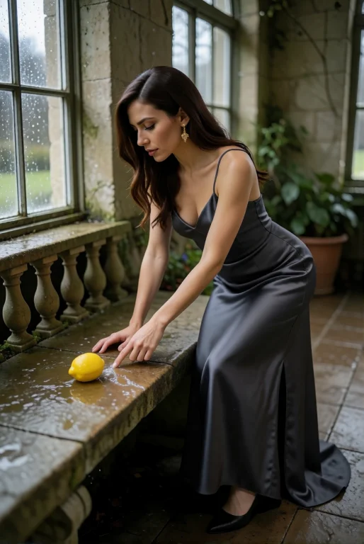 At The Edge Of A Winter Orangery Bench, A Woman In A Graphit...
