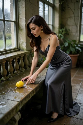 At The Edge Of A Winter Orangery Bench, A Woman In A Graphit... — Stable Diffusion AI Prompt: At the edge of a winter orangery bench, a woman in a graphite satin gown trails...