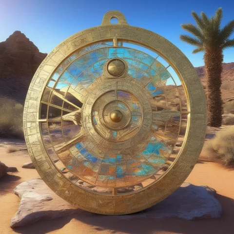 Jmapifyartwork, Polished Brass Astrolabe, Desert Ruins, Anci... — SDXL AI Prompt: jmapify_artwork, polished brass astrolabe, desert ruins, ancient stone and brass...
