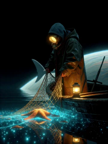 Illustration Artwork A Star Fisher In A Heavy Oilskin Coat S... — Stable Diffusion AI Prompt: illustration artwork A star fisher in a heavy oilskin coat stands in a small woo...