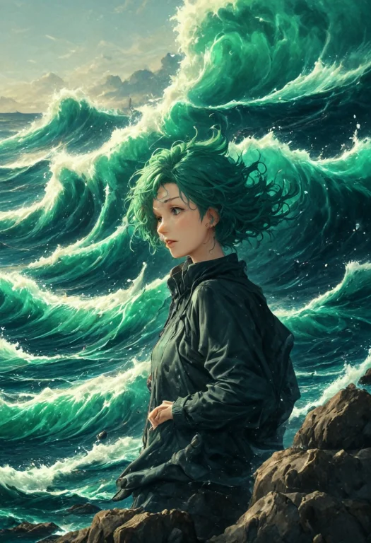 Gradient, Rock, White Snikers, Teeth, Green Hair, Waves, Sky...
