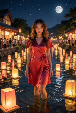 A Young Woman Wades In A River Of Floating Lanterns At Night... — Stable Diffusion AI Prompt: A young woman wades in a river of floating lanterns at night, wearing a red silk...