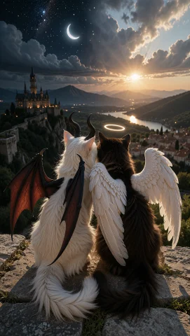 Create A Photorealistic Cinematic Fantasy Scene Viewed From... — Stable Diffusion AI Prompt: Create a photorealistic cinematic fantasy scene viewed from behind two fluffy ca...
