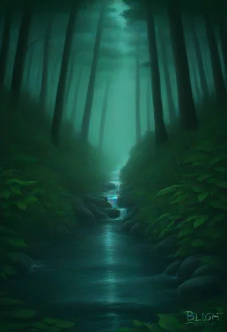 Forest,blight,rainy,stream,green Leaves — Stable Diffusion AI Prompt: forest,blight,rainy,stream,green leaves