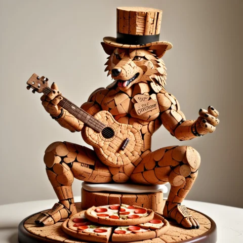 Corkworld, A Bodybuilder Wolf Wearing A Top Hat, Made Of Cor... — SDXL AI Prompt: corkworld, a bodybuilder wolf wearing a top hat, made of cork, sitting on a pizz...