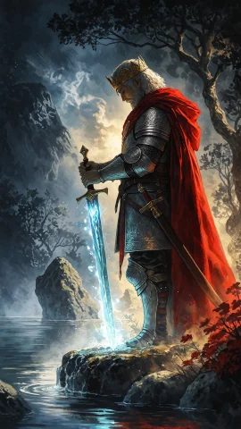 King Arthur Standing Heroically Beside A Misty Lake, Lifting... — Stable Diffusion AI Prompt: King Arthur standing heroically beside a misty lake, lifting the legendary sword...