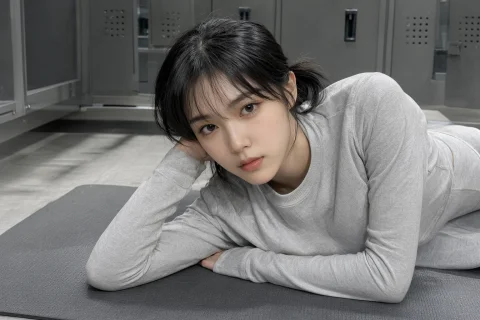 Close-up Of A Young K-pop Idol With Black Hair In A Ponytail... — Stable Diffusion AI Prompt: Close-up of a young K-pop idol with black hair in a ponytail, wearing a light gr...