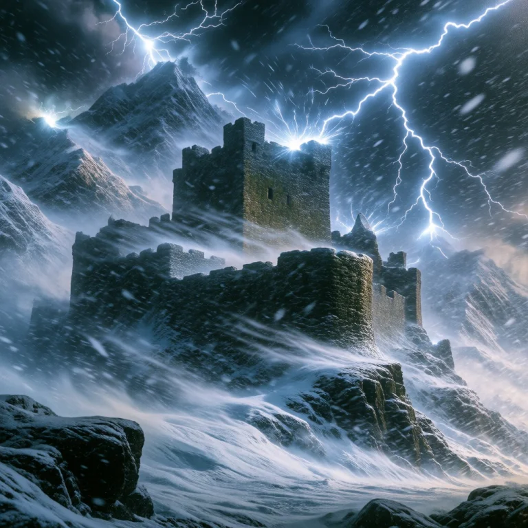 A Towering Medieval Castle Standing Isolated Against A Chaot...