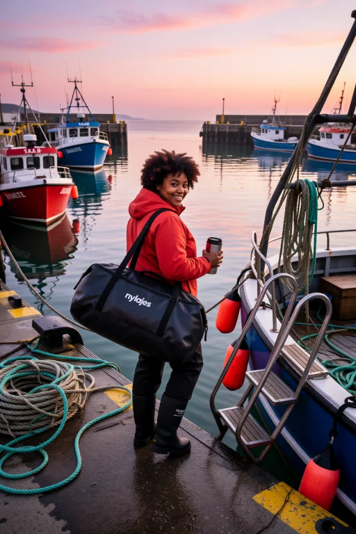 Nylajones, Standing On A Fishing Harbour Wharf At Dawn, Wate...