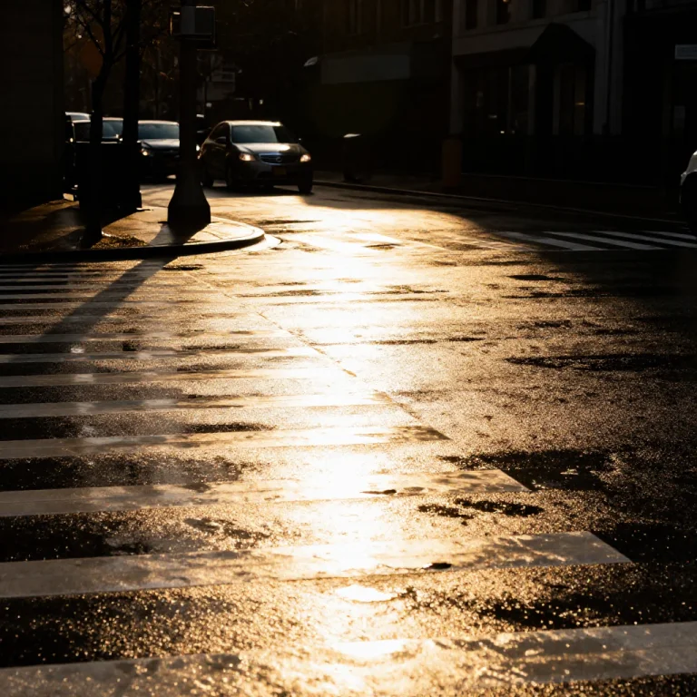A City Crosswalk Shining After A Night Rain, Harsh Midday Su...