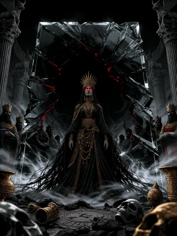 A Nightmarish Dark Fantasy Scene Depicting The Ghost Of An A... — Stable Diffusion AI Prompt: A nightmarish dark fantasy scene depicting the ghost of an Achaemenid queen stan...