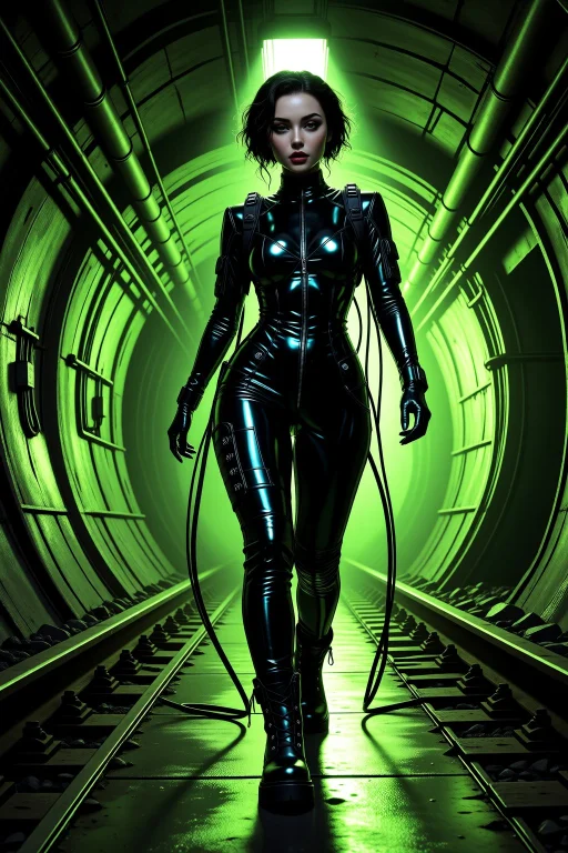 Standing, A Subway Tunnel Glowing With Toxic Green Light, Wa...