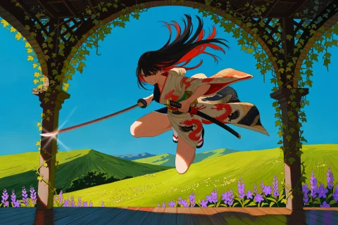 Mon. A Woman With Long Black Hair With Red Strands And A Men... — Stable Diffusion AI Prompt: @mon. A woman with long black hair with red strands and a menacing smile jumps i...