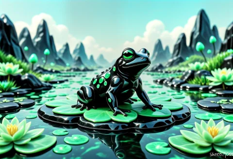 Lazypos, Model Of A Cute Frog, Made Of Obsidian, Surrounded... — SDXL AI Prompt: lazypos, model of a cute frog, made of obsidian, surrounded by jade sky, jade po...