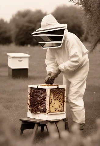 A Beekeeper Checking Hives In An Orchard, Editorial Photogra... — SDXL AI Prompt: a beekeeper checking hives in an orchard, editorial photography, long exposure,...