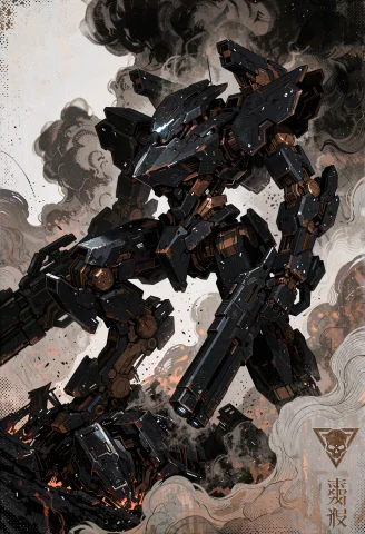 An Armored Coreinspired Medium-armored Combat Mech Standing... — Stable Diffusion AI Prompt: An Armored Core–inspired medium-armored combat mech standing over a defeated ene...