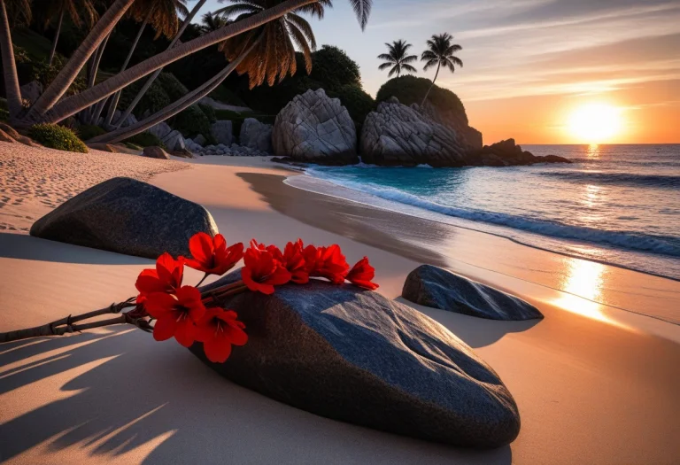 Red Flowers, Beach, Sunset, Rocks, Palm Trees, Branches, No...