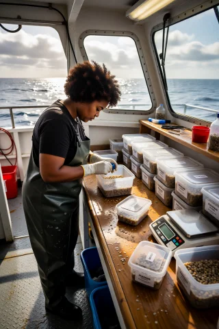 Nylajones, Sorting Groundfish Samples At A Waist-high Workbe... — Stable Diffusion AI Prompt: nylajones, sorting groundfish samples at a waist-high workbench aboard a researc...