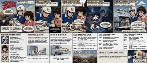 Speed Racer Comic Page. Tireless Two Member Crews 14-day E.c... — Stable Diffusion AI Prompt: Speed Racer comic page. tireless two member crew's 14-day E.C.M.O. and E.C.P.R....