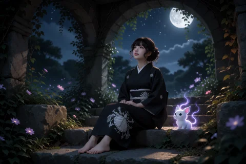 . A Woman With Dark Curly Hair And Light Skin Sits Barefoot... — Stable Diffusion AI Prompt: . A woman with dark curly hair and light skin sits barefoot on stone steps under...