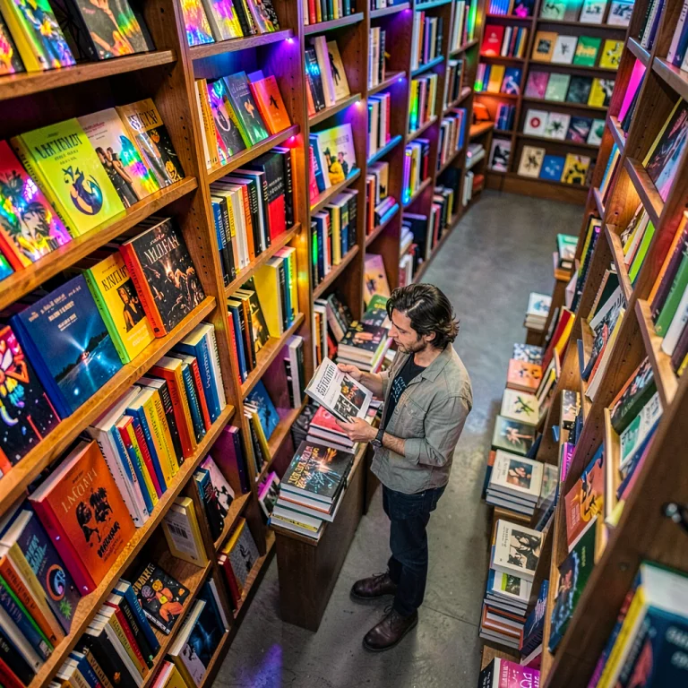 A Bookseller Reading Among Towering Shelves, Iridescent Ligh...