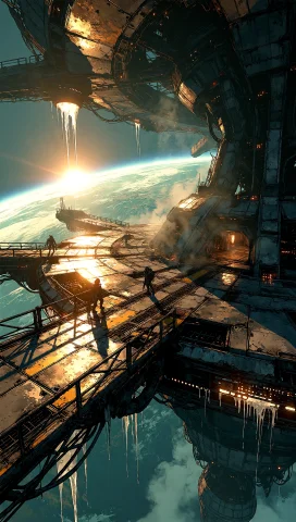 A Vast Cinematic Establishing Shot Of A Massive Orbital Dock... — Stable Diffusion AI Prompt: A vast cinematic establishing shot of a massive orbital docking station suspende...