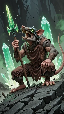 Skaven, Rat Boy, Hunchback, Holding Polearm, Sharp Teeth, Ra... — Stable Diffusion AI Prompt: skaven, rat boy, hunchback, holding polearm, sharp teeth, rags, warpstone, green...