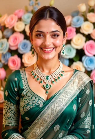 A High-end Fashion Portrait Of A Smiling South Asian Woman,... — FLUX AI Prompt: A high-end fashion portrait of a smiling South Asian woman, capturing her from t...