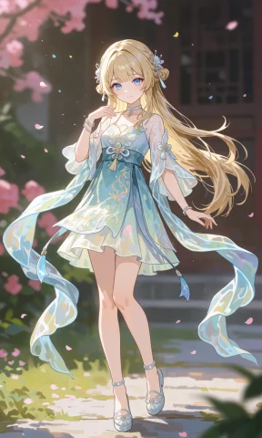 1girl Wuthering Waves Stylecel — Stable Diffusion AI Prompt: 1girl，单人全身，淡金色长发，蓝色眼眸，国风连衣裙，飘带飞舞， Wuthering Waves st...