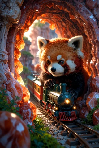 , A Breathtaking Macro Photograph Of A Cute Real Red Panda R... — Stable Diffusion AI Prompt: , A breathtaking macro photograph of a cute real red panda riding a tiny train t...