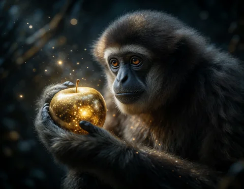 A Dramatic Fantasy Portrait Of A Thoughtful Gibbon Holding A... — Stable Diffusion AI Prompt: A dramatic fantasy portrait of a thoughtful gibbon holding and closely regarding...