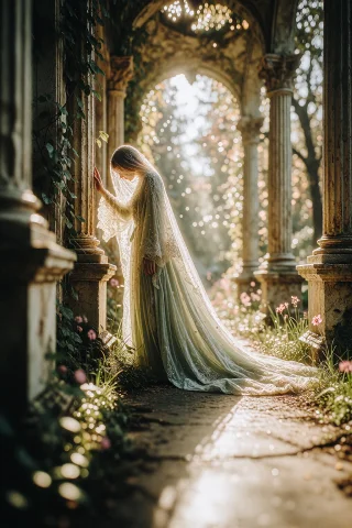 In An Enchanting, Overgrown Environment, A Solitary Figure S... — Stable Diffusion AI Prompt: In an enchanting, overgrown environment, a solitary figure stands amidst crumbli...