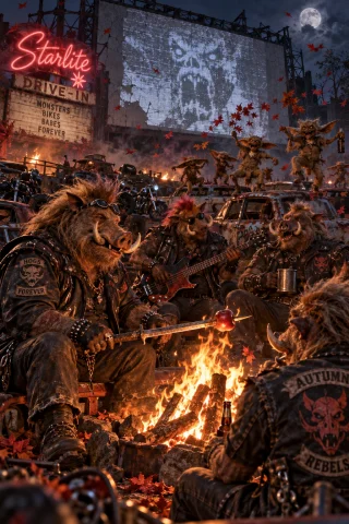 Realistic 1980s Dark Fantasy Film Still, A Warthog Biker Gan... — Stable Diffusion AI Prompt: Realistic 1980s dark fantasy film still, a warthog biker gang gathered around a...